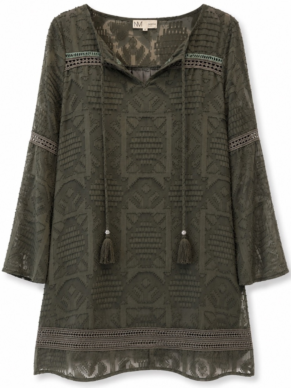 Neiman Marcus Olive Green Textured Boho Tunic Top Size M Tassel Tie Bell Sleeve